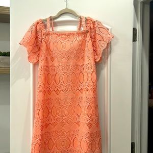 Peach lace cold shoulder dress , perfect for a party